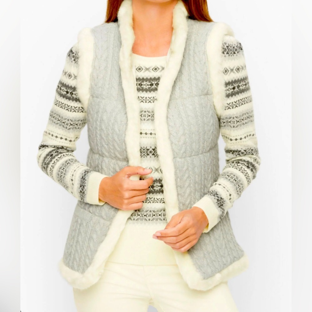 Talbots Women's Wool Blnd Faux Fur Trim Metallic Cable Insulated Gray Vest S NWT